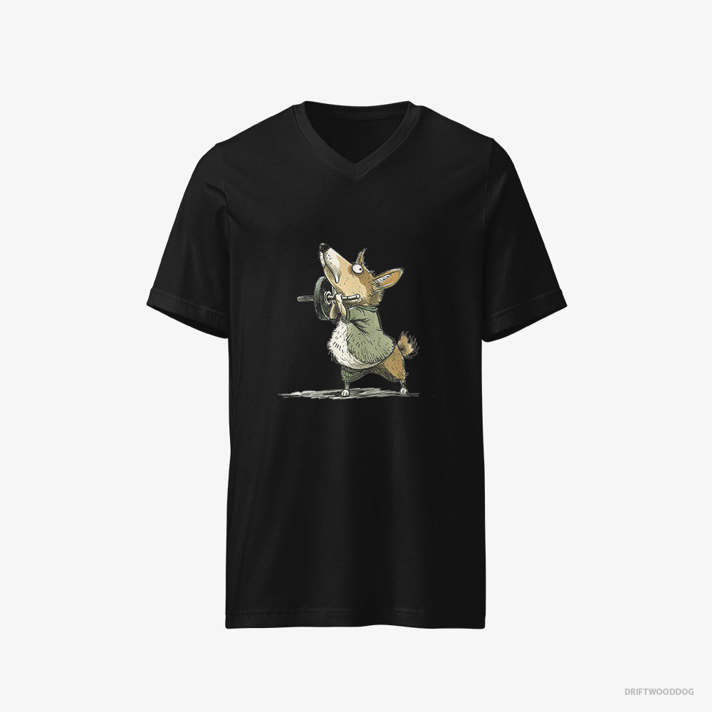 Corgi T-Shirt – Men Black T-Shirt V-Neck – Smashing the Gym (on White Background)