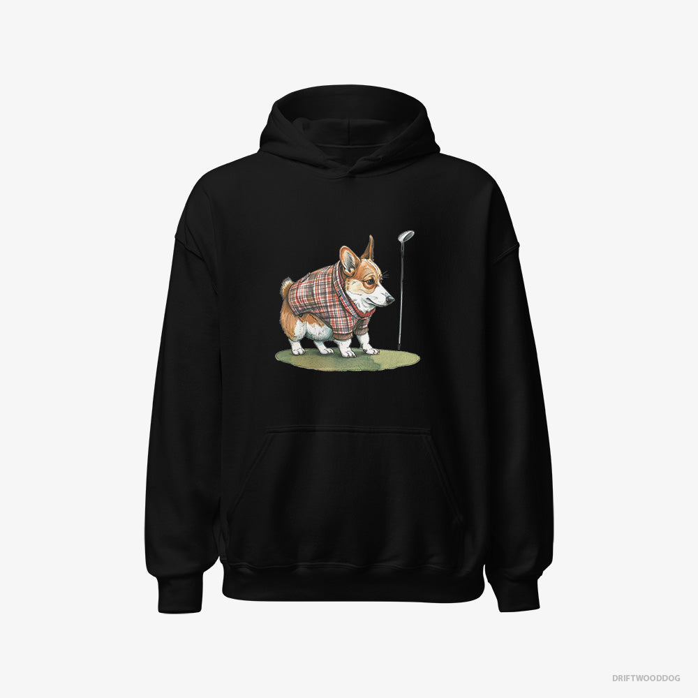 Corgi Hoodie – Men Black Hoodie Classic – Sniffing Golf Club (on White Background)