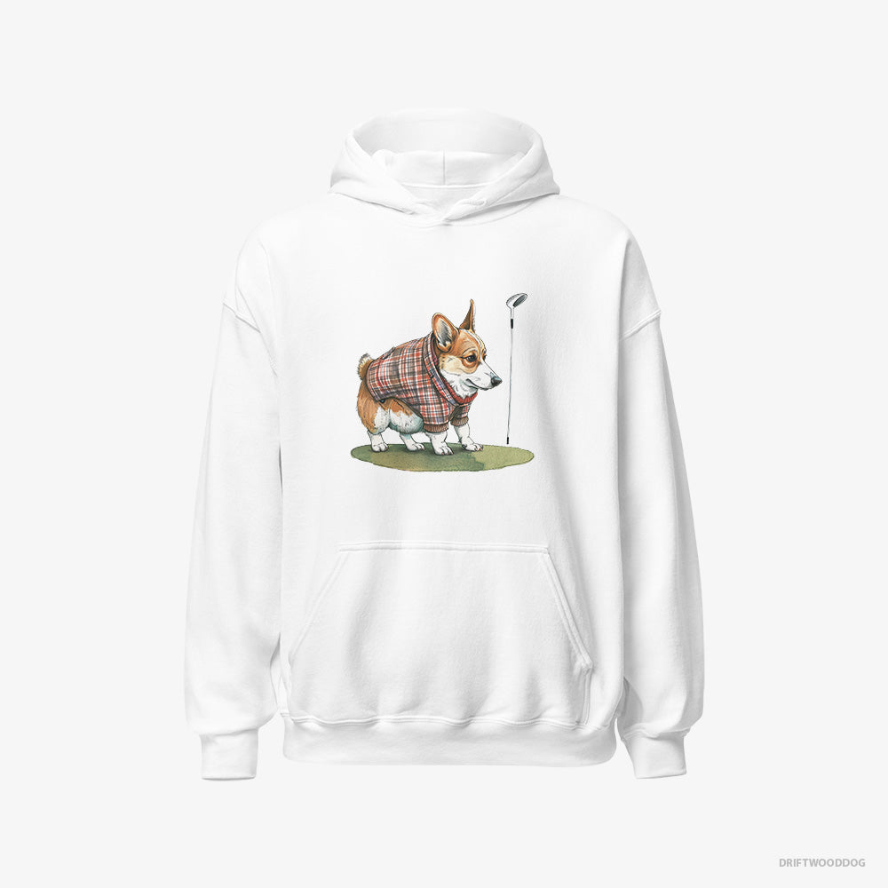 Corgi Hoodie – Women White Hoodie Classic – Sniffing Golf Club (on White Background)