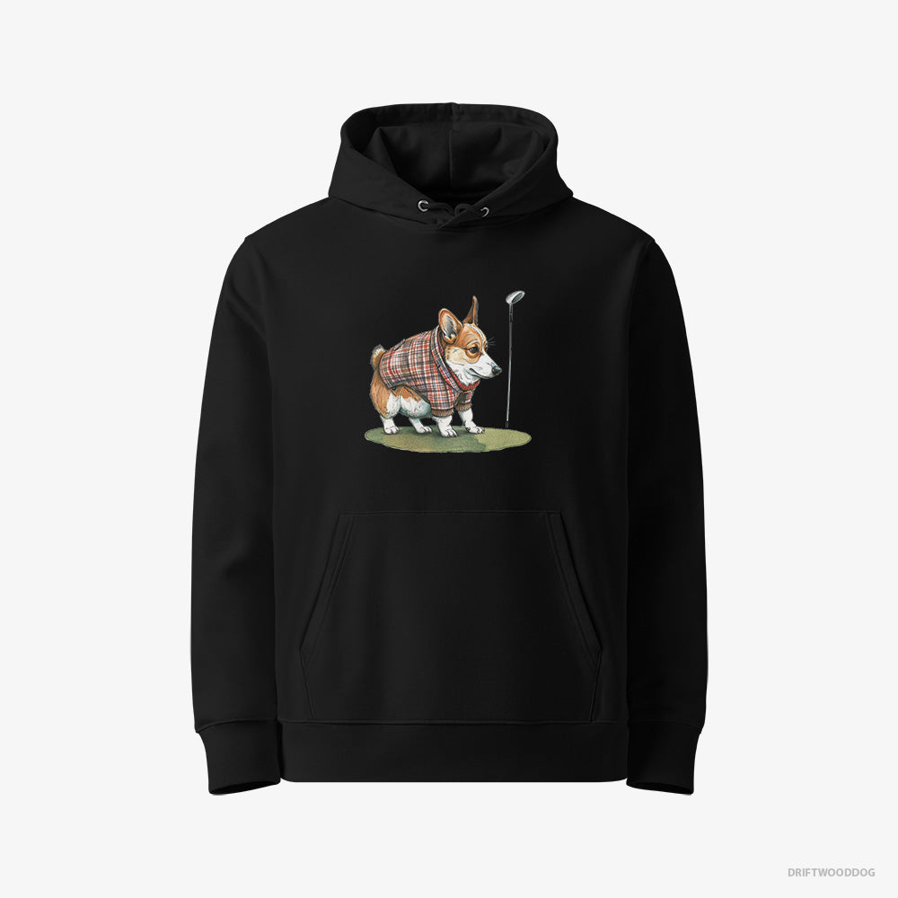 Corgi Hoodie – Women Black Hoodie Eco-Friendly – Sniffing Golf Club (on White Background)