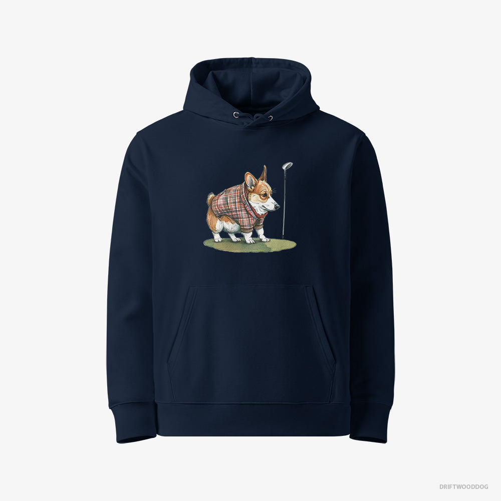 Corgi Hoodie – Men Navy Hoodie Eco-Friendly – Sniffing Golf Club (on White Background)