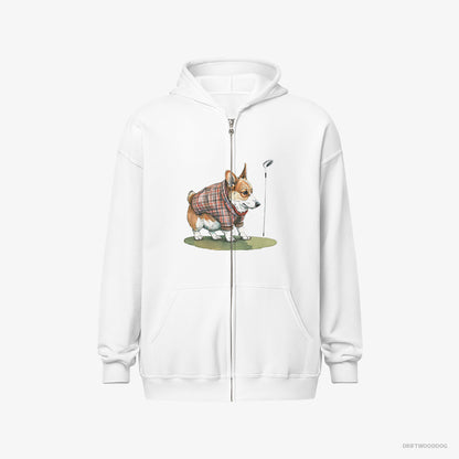 Corgi Hoodie – Women White Hoodie Full-Zip – Sniffing Golf Club (on White Background)