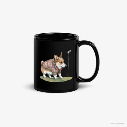 Corgi Mug – Unisex Black Mug Classic – Sniffing Golf Club (on White Background)