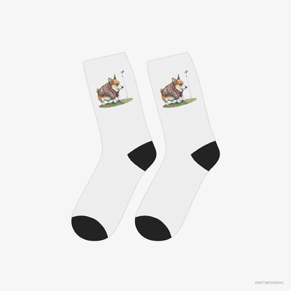 Corgi Socks – Unisex White Socks Classic – Sniffing Golf Club (on White Background)