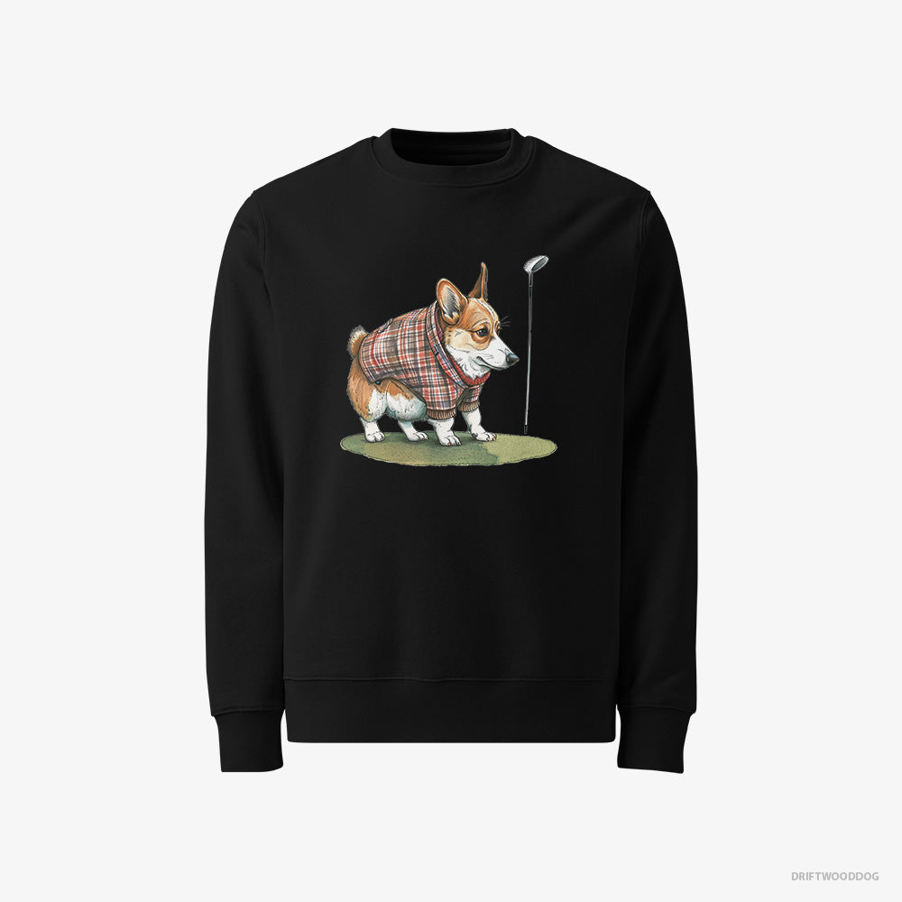 Corgi Sweatshirt – Men Black Sweatshirt Classic – Sniffing Golf Club (on White Background)