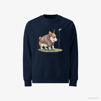 Corgi Sweatshirt – Men Navy Sweatshirt Classic – Sniffing Golf Club (on White Background)