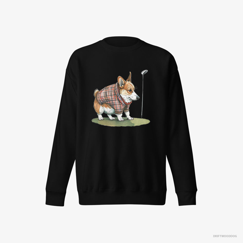 Corgi Sweatshirt – Men Black Sweatshirt Eco-Friendly – Sniffing Golf Club (on White Background)