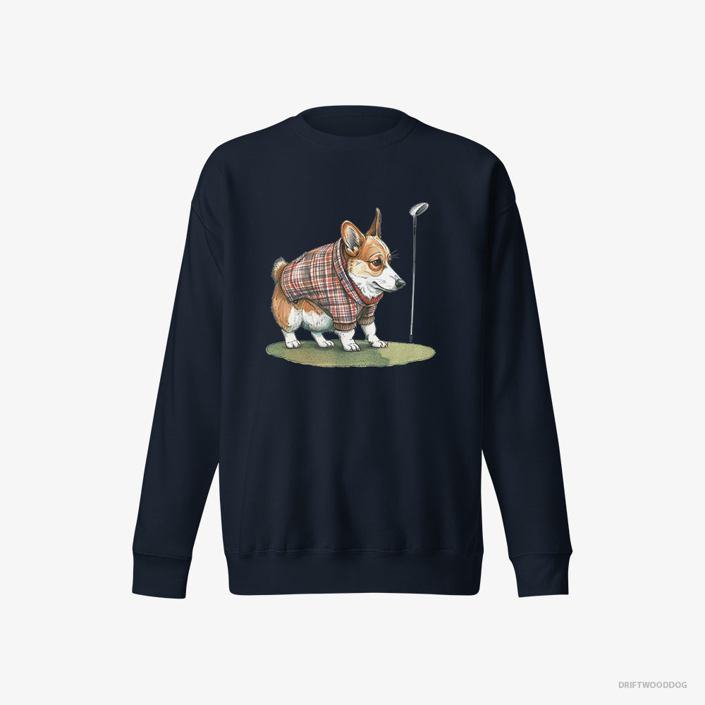 Corgi Sweatshirt – Men Navy Sweatshirt Eco-Friendly – Sniffing Golf Club (on White Background)