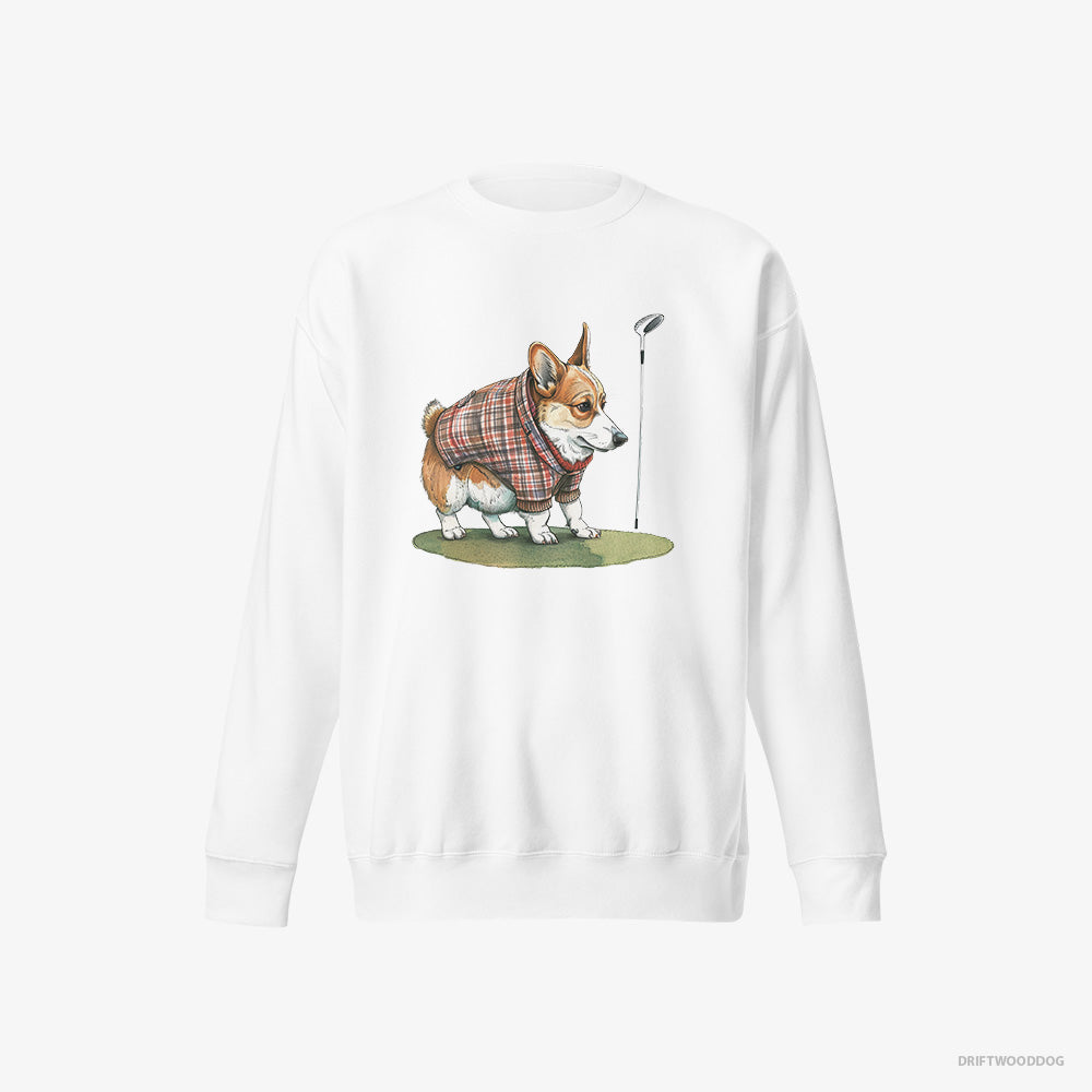 Corgi Sweatshirt – Men White Sweatshirt Eco-Friendly – Sniffing Golf Club (on White Background)