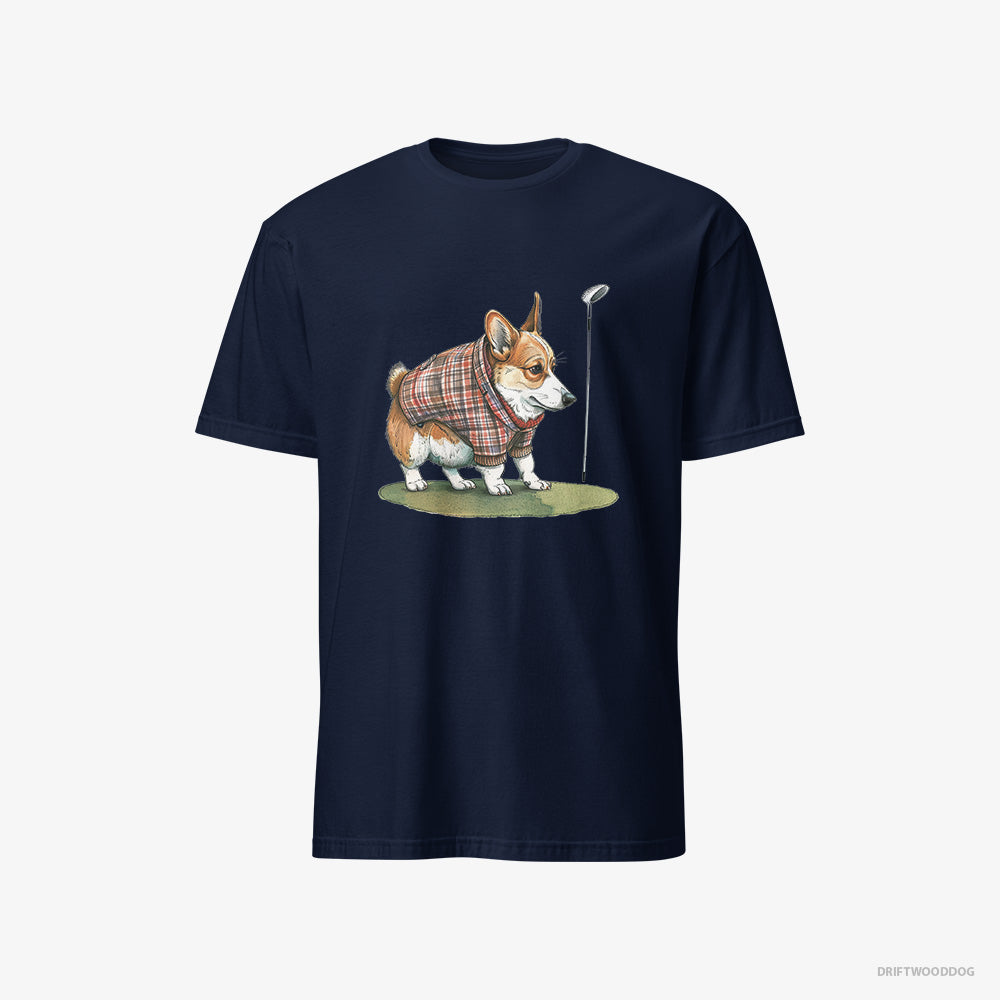 Corgi T-Shirt – Men Navy T-Shirt Classic – Sniffing Golf Club (on White Background)