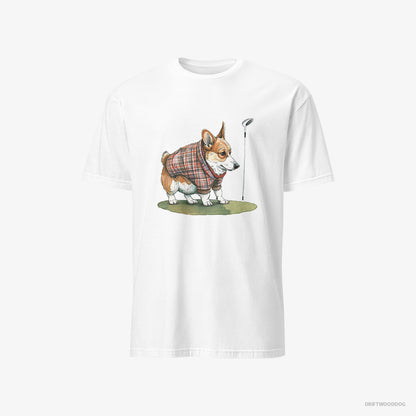 Corgi T-Shirt – Men White T-Shirt Classic – Sniffing Golf Club (on White Background)