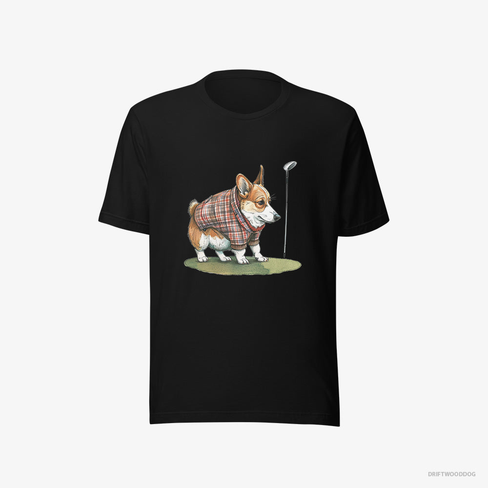 Corgi T-Shirt – Men Black T-Shirt Eco-Friendly – Sniffing Golf Club (on White Background)