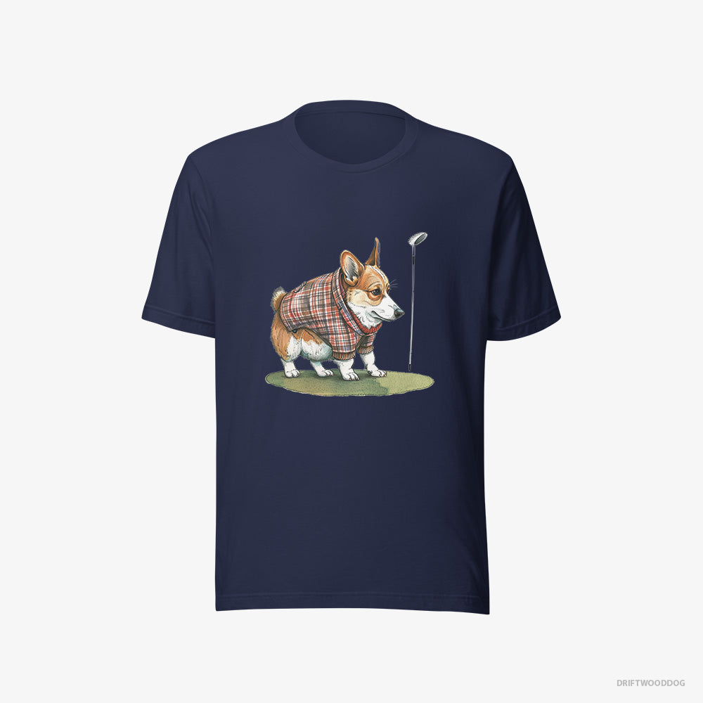 Corgi T-Shirt – Men Navy T-Shirt Eco-Friendly – Sniffing Golf Club (on White Background)