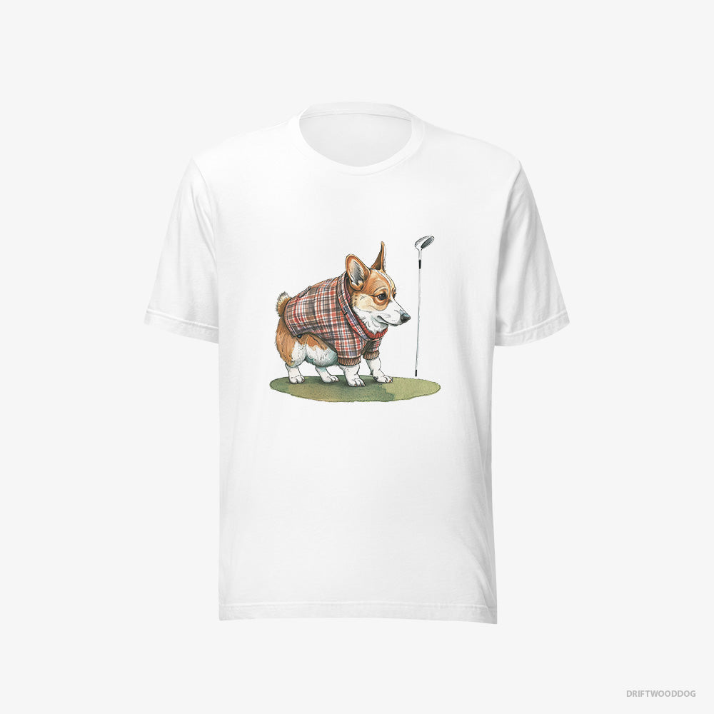 Corgi T-Shirt – Men White T-Shirt Eco-Friendly – Sniffing Golf Club (on White Background)