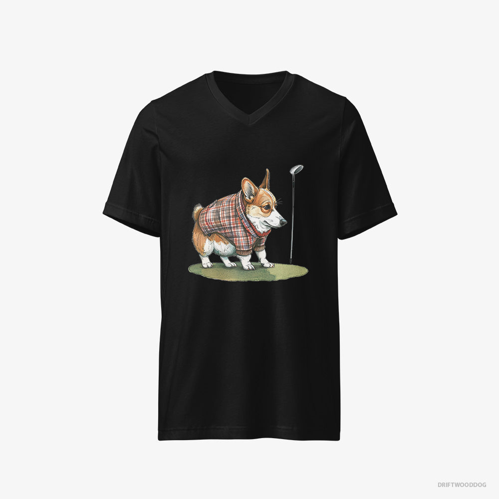 Corgi T-Shirt – Men Black T-Shirt V-Neck – Sniffing Golf Club (on White Background)