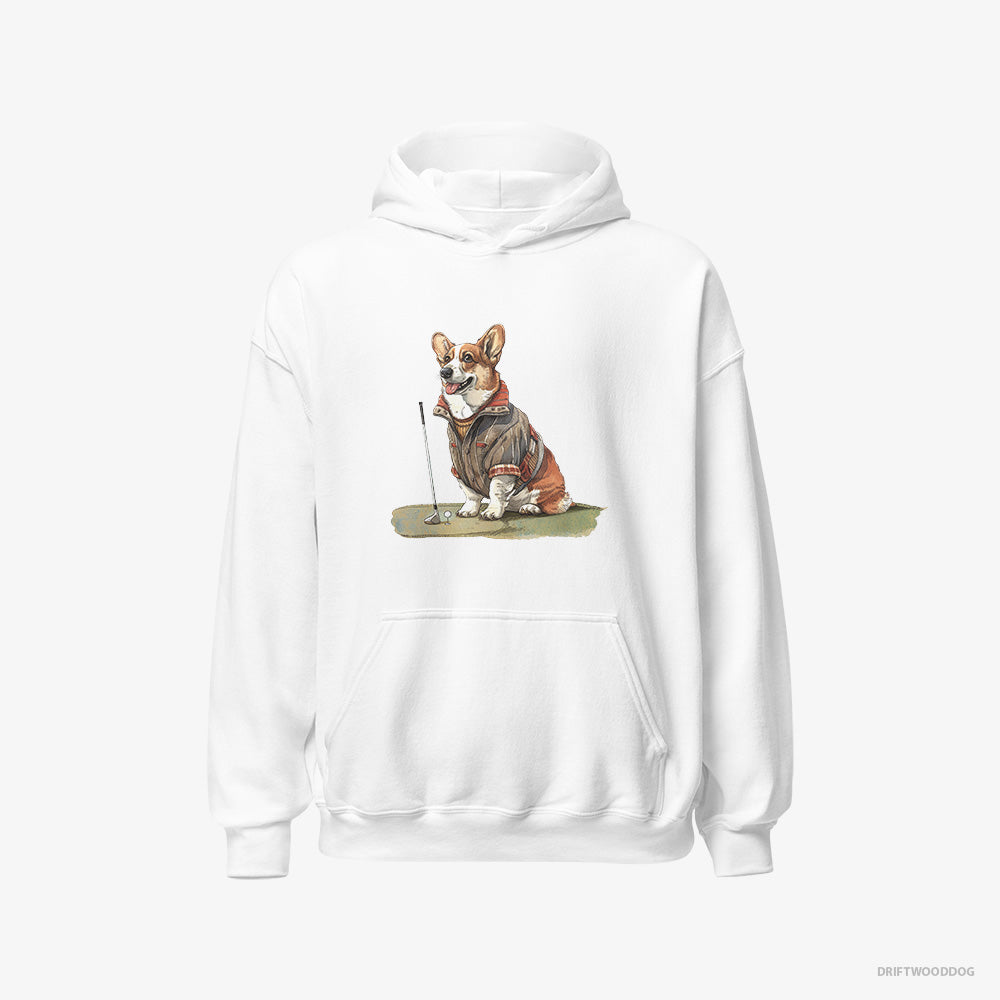 Corgi Hoodie – Men White Hoodie Classic – Golfing with Passion (on White Background)