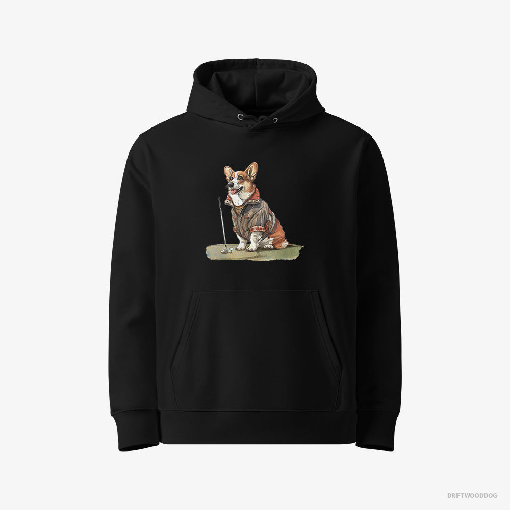 Corgi Hoodie – Women Black Hoodie Eco-Friendly – Golfing with Passion (on White Background)