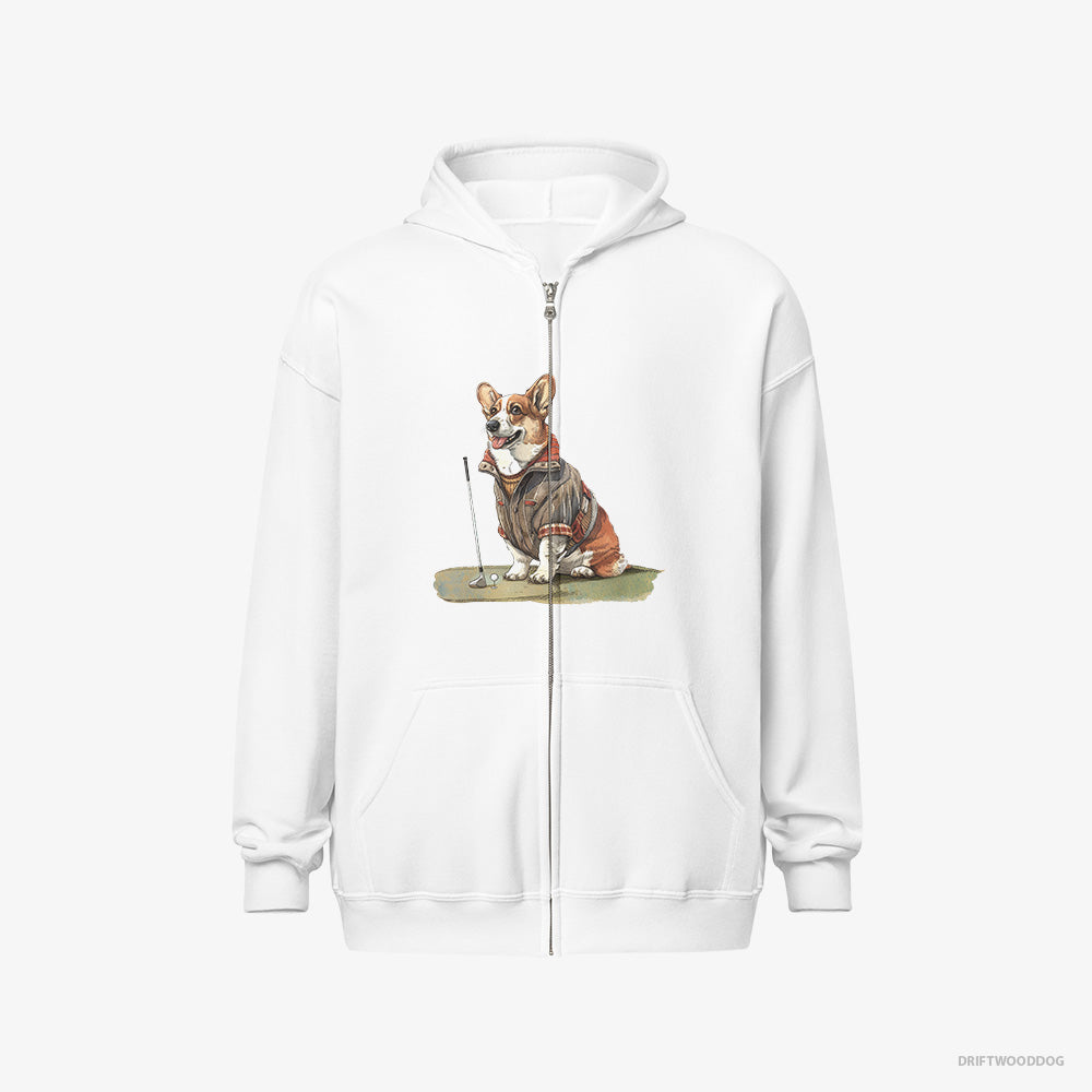 Corgi Hoodie – Men White Hoodie Full-Zip – Golfing with Passion (on White Background)