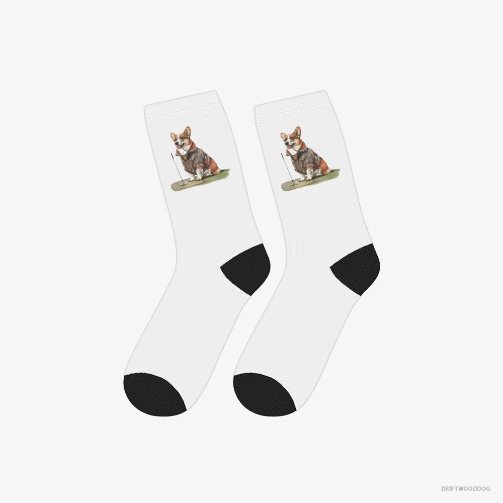 Corgi Socks – Unisex White Socks Classic – Golfing with Passion (on White Background)