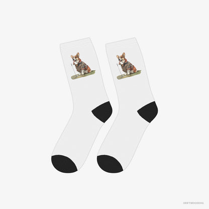 Corgi Socks – Unisex White Socks Eco-Friendly – Golfing with Passion (on White Background)