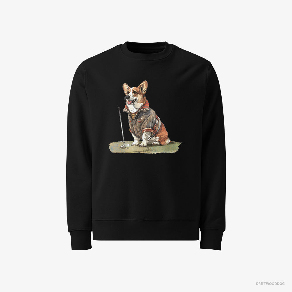 Corgi Sweatshirt – Men Black Sweatshirt Classic – Golfing with Passion (on White Background)