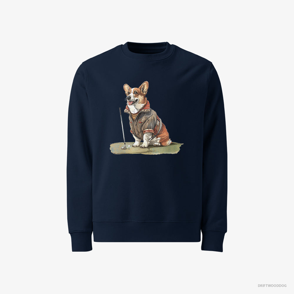 Corgi Sweatshirt – Men Navy Sweatshirt Classic – Golfing with Passion (on White Background)