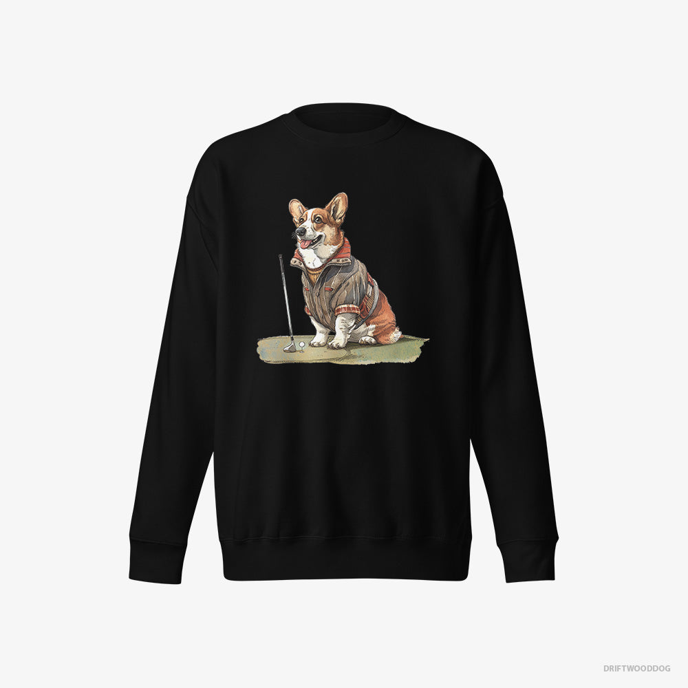 Corgi Sweatshirt – Women Black Sweatshirt Eco-Friendly – Golfing with Passion (on White Background)