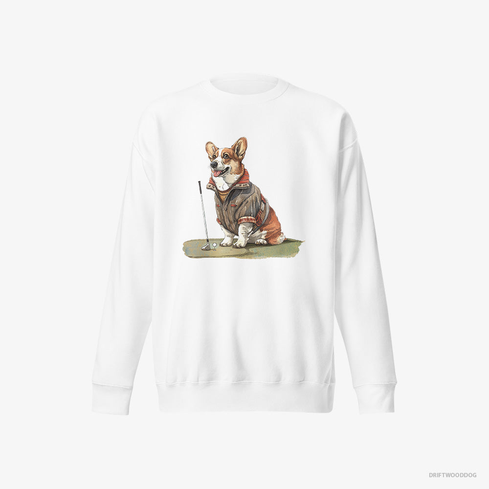 Corgi Sweatshirt – Women White Sweatshirt Eco-Friendly – Golfing with Passion (on White Background)