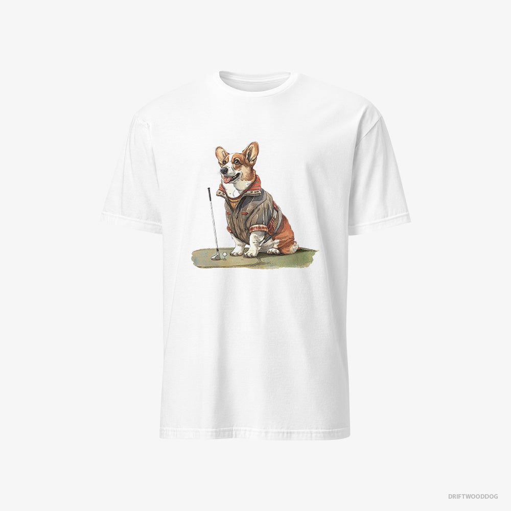 Corgi T-Shirt – Men White T-Shirt Classic – Golfing with Passion (on White Background)