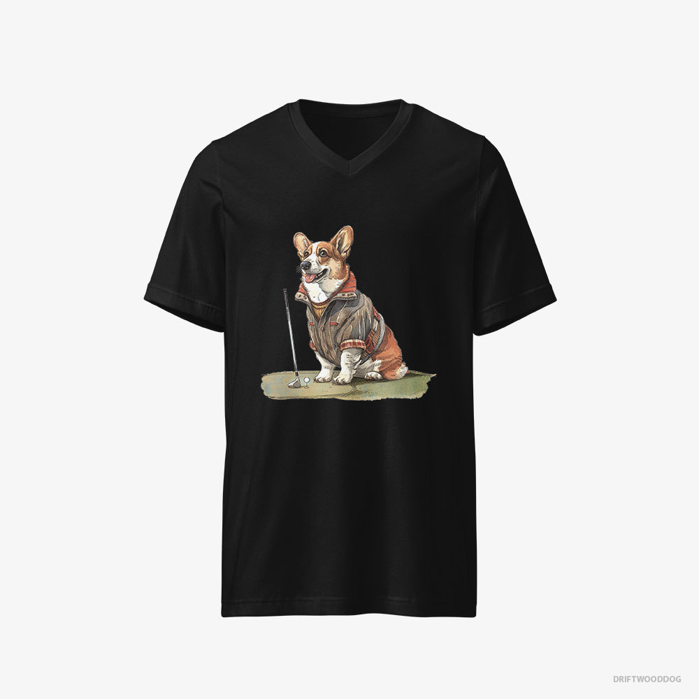 Corgi T-Shirt – Men Black T-Shirt V-Neck – Golfing with Passion (on White Background)