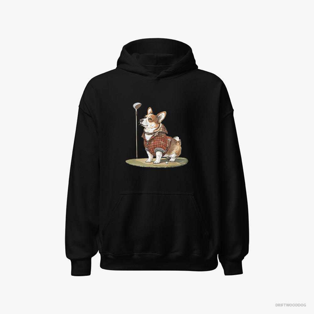 Corgi Hoodie – Men Black Hoodie Classic – Focused on the Golf Game (on White Background)