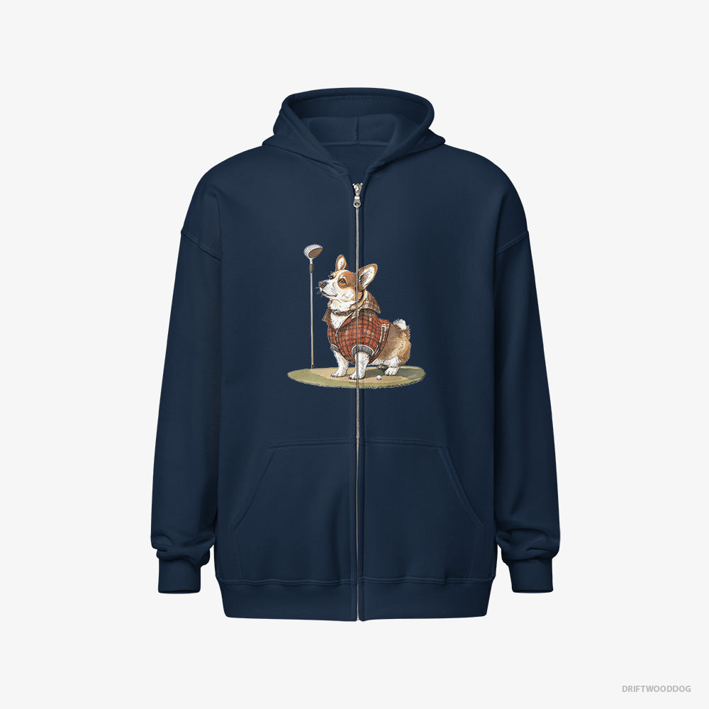 Corgi Hoodie – Men Navy Hoodie Full-Zip – Focused on the Golf Game (on White Background)