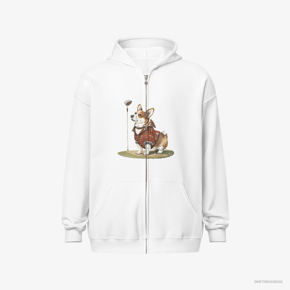 Corgi Hoodie – Women White Hoodie Full-Zip – Focused on the Golf Game (on White Background)