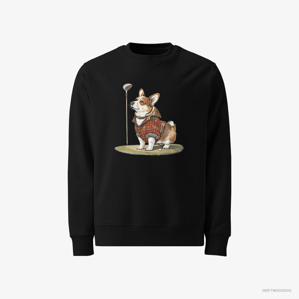 Corgi Sweatshirt – Women Black Sweatshirt Classic – Focused on the Golf Game (on White Background)