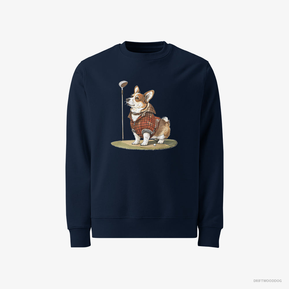 Corgi Sweatshirt – Men Navy Sweatshirt Classic – Focused on the Golf Game (on White Background)