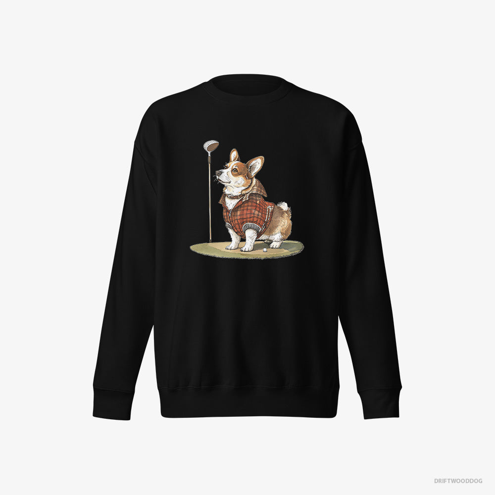 Corgi Sweatshirt – Men Black Sweatshirt Eco-Friendly – Focused on the Golf Game (on White Background)