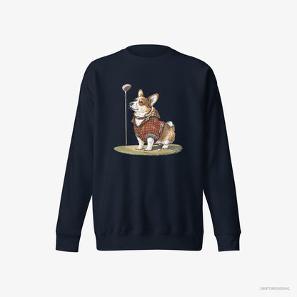 Corgi Sweatshirt – Men Navy Sweatshirt Eco-Friendly – Focused on the Golf Game (on White Background)