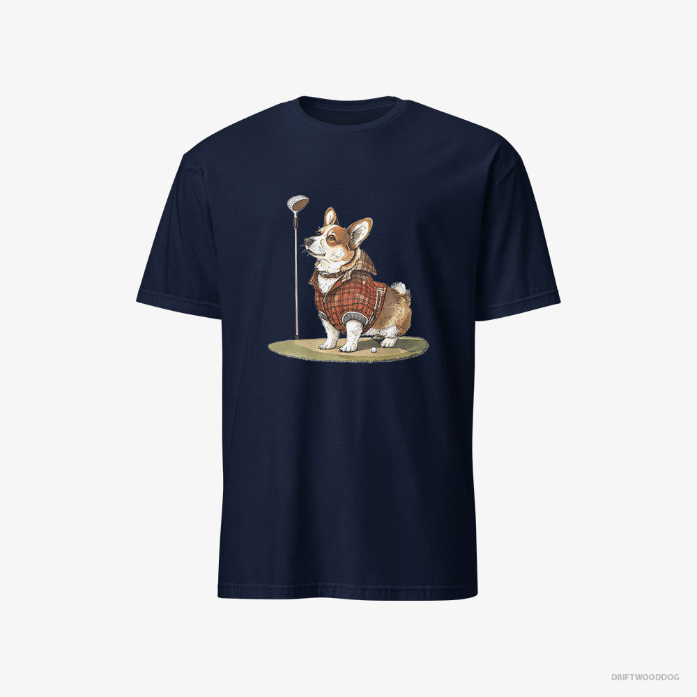 Corgi T-Shirt – Men Navy T-Shirt Classic – Focused on the Golf Game (on White Background)