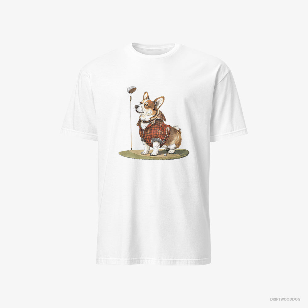 Corgi T-Shirt – Men White T-Shirt Classic – Focused on the Golf Game (on White Background)