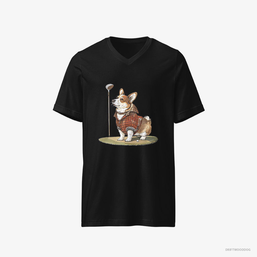 Corgi T-Shirt – Men Black T-Shirt V-Neck – Focused on the Golf Game (on White Background)