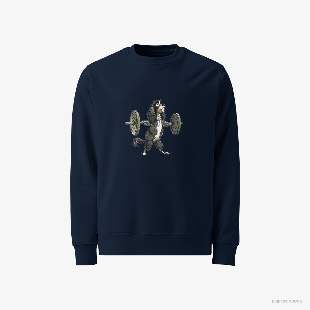 Cavalier King Charles Spaniel Sweatshirt – Men Navy Sweatshirt Classic – Unleashing Lifting Power (on White Background)