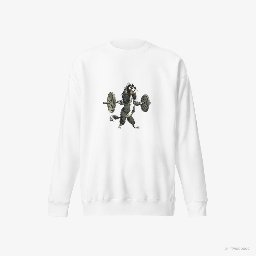 Cavalier King Charles Spaniel Sweatshirt – Men White Sweatshirt Eco-Friendly – Unleashing Lifting Power (on White Background)