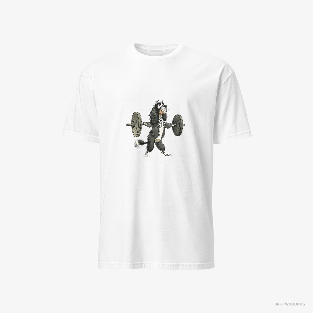 Cavalier King Charles Spaniel T-Shirt – Men White T-Shirt Classic – Unleashing Lifting Power (on White Background)