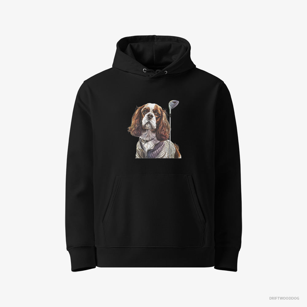 Cavalier King Charles Spaniel Hoodie – Women Black Hoodie Eco-Friendly – with Golf on the Mind (on White Background)