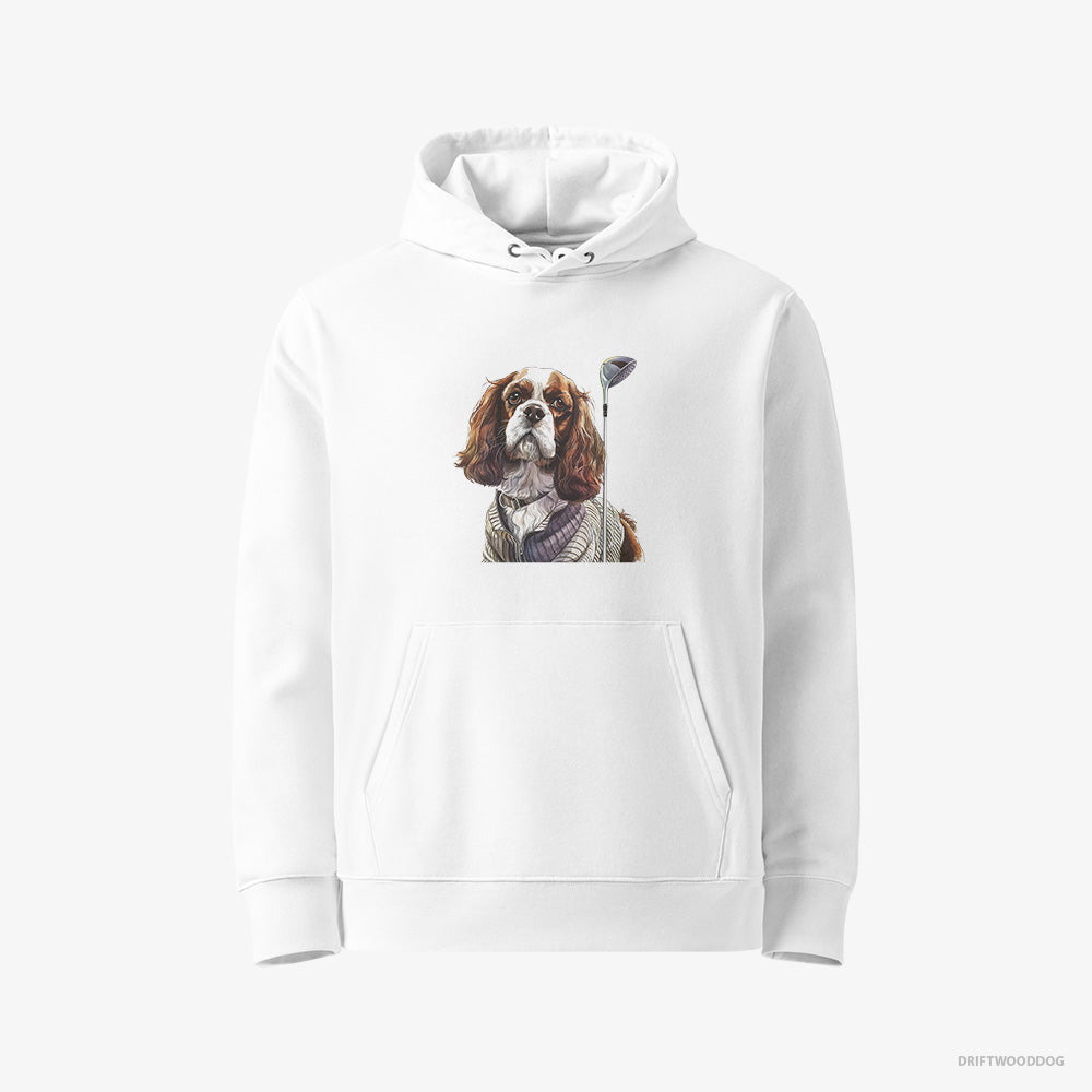 Cavalier King Charles Spaniel Hoodie – Men White Hoodie Eco-Friendly – with Golf on the Mind (on White Background)