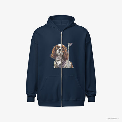 Cavalier King Charles Spaniel Hoodie – Men Navy Hoodie Full-Zip – with Golf on the Mind (on White Background)