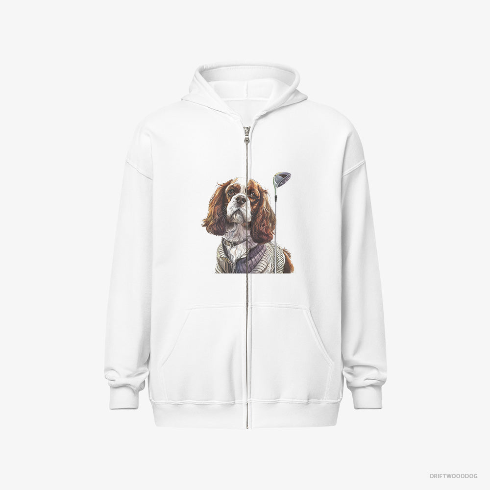 Cavalier King Charles Spaniel Hoodie – Women White Hoodie Full-Zip – with Golf on the Mind (on White Background)