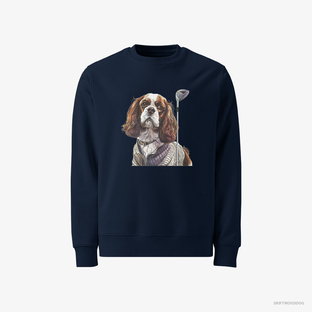 Cavalier King Charles Spaniel Sweatshirt – Men Navy Sweatshirt Classic – with Golf on the Mind (on White Background)