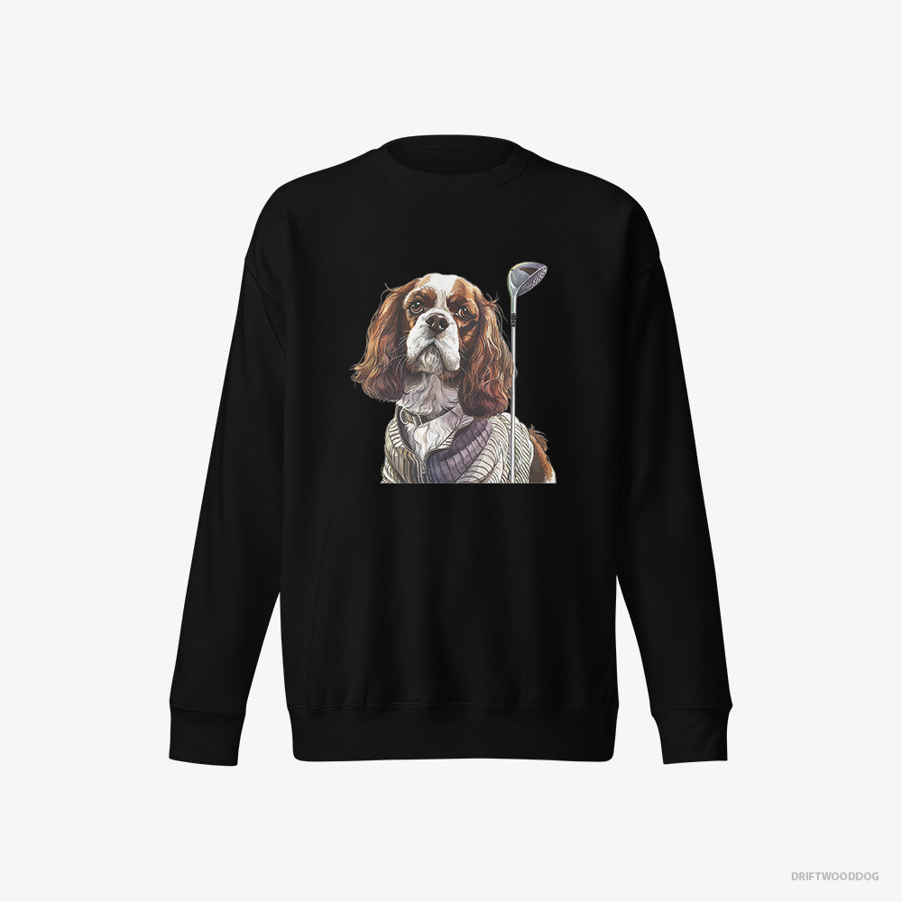 Cavalier King Charles Spaniel Sweatshirt – Women Black Sweatshirt Eco-Friendly – with Golf on the Mind (on White Background)