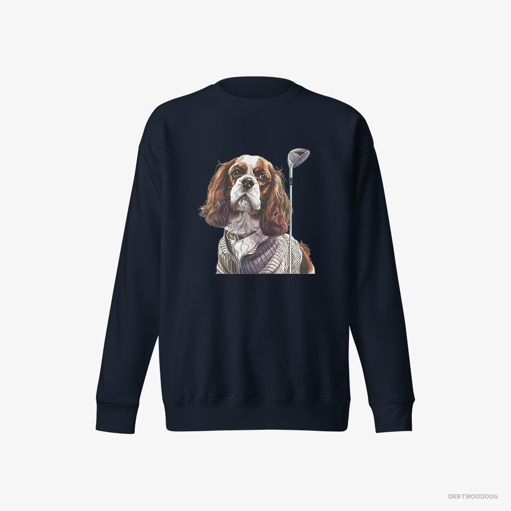 Cavalier King Charles Spaniel Sweatshirt – Men Navy Sweatshirt Eco-Friendly – with Golf on the Mind (on White Background)